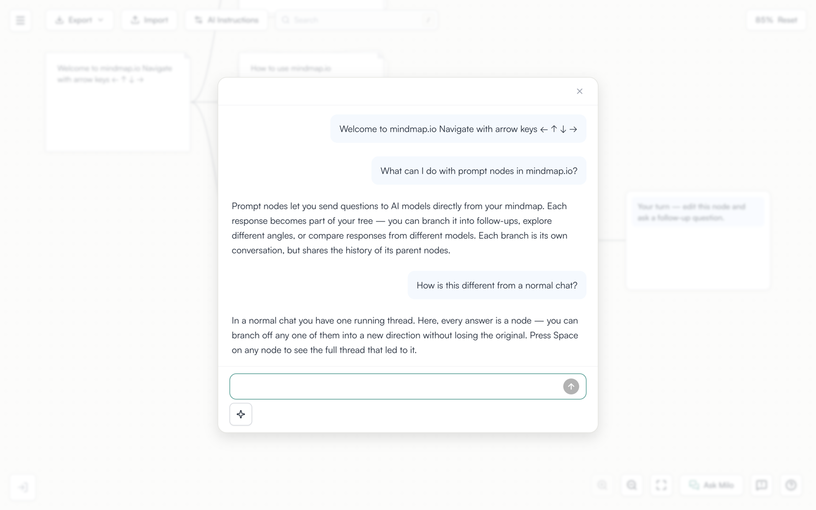 The document view of one branch, showing the root note and two prompt-and-answer turns as a single continuous conversation.