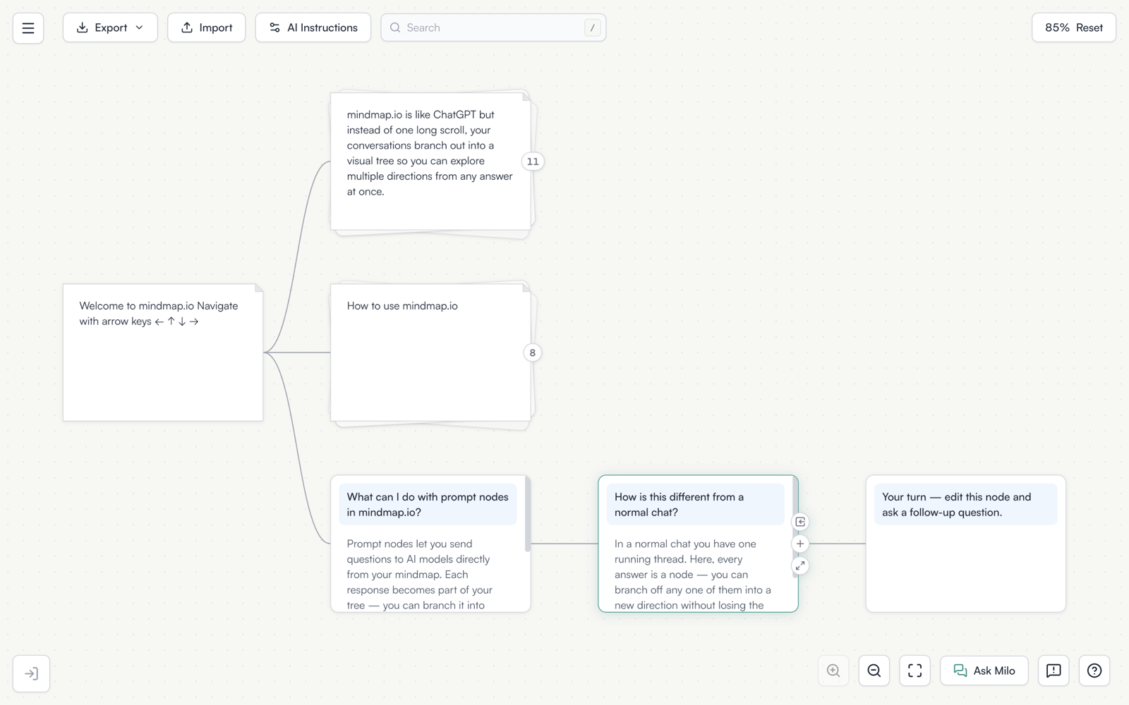 A map on the restyled canvas: warm paper ground, hairline node borders, one teal accent on the selected node and the toolbar.
