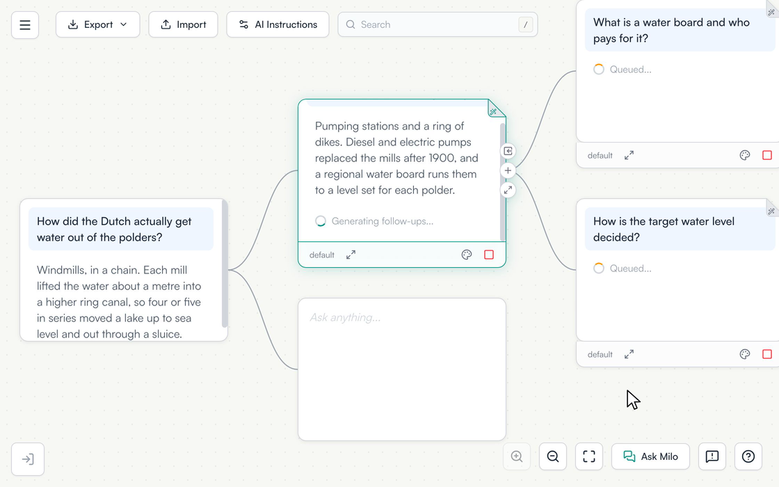 A node on the canvas is double-clicked, the drawer opens under it with depth and breadth dropdowns, and clicking send makes the node answer its own question and then write two follow-ups that arrive as new cards and start generating.