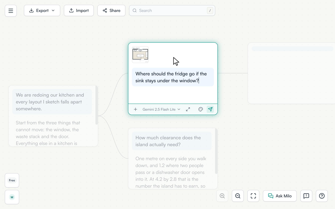 A floor plan is dragged in from off screen and dropped onto the node being written. It lands as a small tile above the question, dimmed with a spinner while it uploads, then settles at full strength with the question still in the input below it.