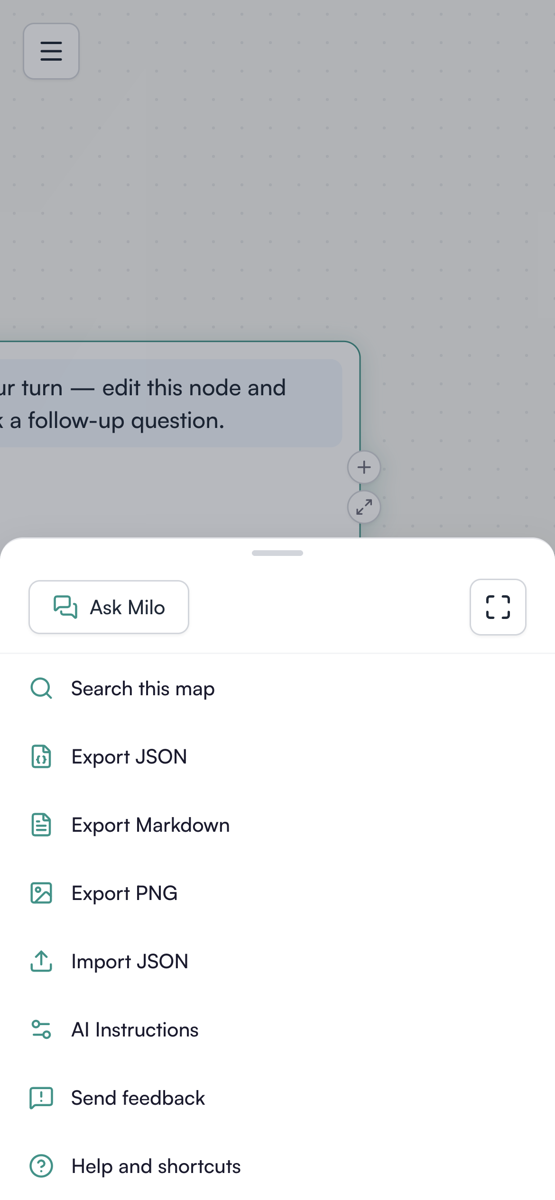 The bottom sheet open on a phone, holding the chat panel, zoom to fit, search, export, import, AI instructions, feedback and help.