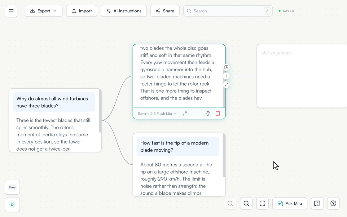A node holding an unsent question is double-clicked, the drawer opens under it, and clicking the teal send button flips the card straight to a turning spinner. The answer then lands a phrase at a time, the card scrolling itself to keep the newest line in view while nothing else on the canvas moves.
