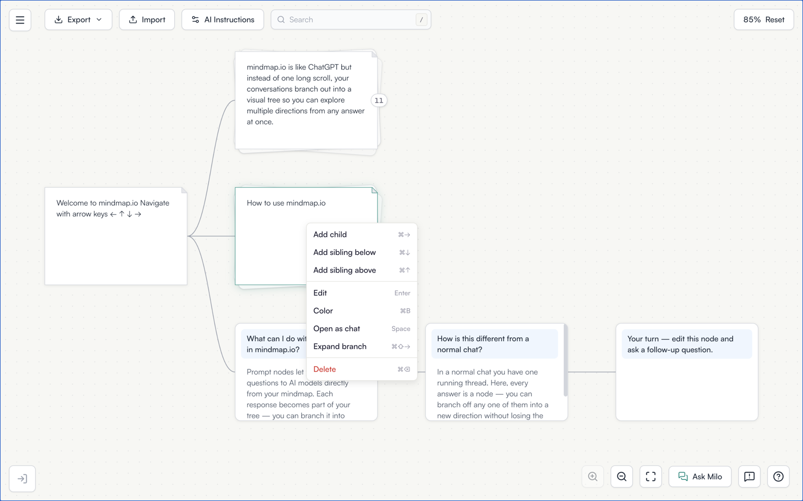 The node context menu open on the canvas, listing add child, add sibling, edit, color, open as chat, expand branch and delete, each with its keyboard shortcut.