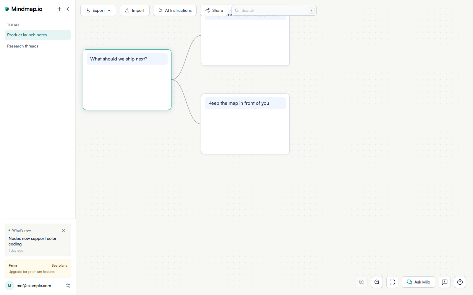 The open sidebar with a What's new card above the Free plan card, naming the entry Nodes now support color coding from one day ago.