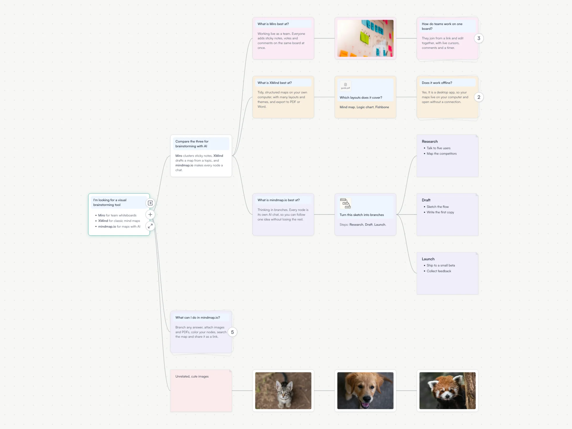 A whole mindmap comparing brainstorming tools, with branches colored pink, amber and violet, a photo of sticky notes, an attached PDF, a hand-drawn sketch branched into its three steps, Markdown lists, three folded branches with counts, and a row of photos of a kitten, a puppy and a red panda.